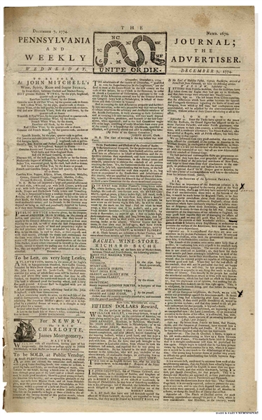 Benjamin Franklin's Newspaper From 1774 With the Famous ''Unite or Die.'' Masthead